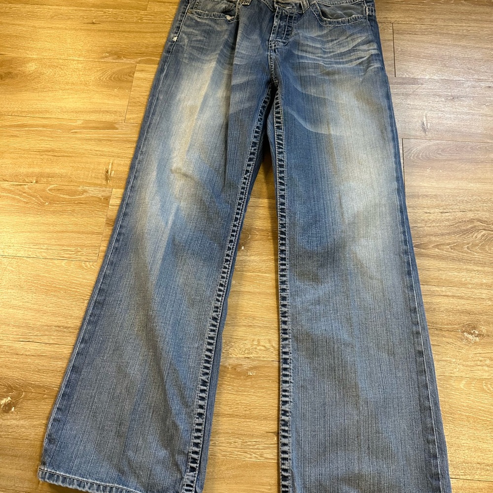 Buckle BKE Tyler Blue Jeans Mens 34x32 Buttonfly Stretch Distressed Cowboy